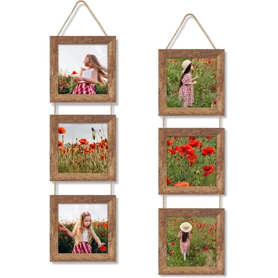 6x6 Collage Picture Frames Set of 2, Rustic Wooden Real Glass Vertical Hanging 3 Opening 6 by 6 Photo Frame, Rustic Brown