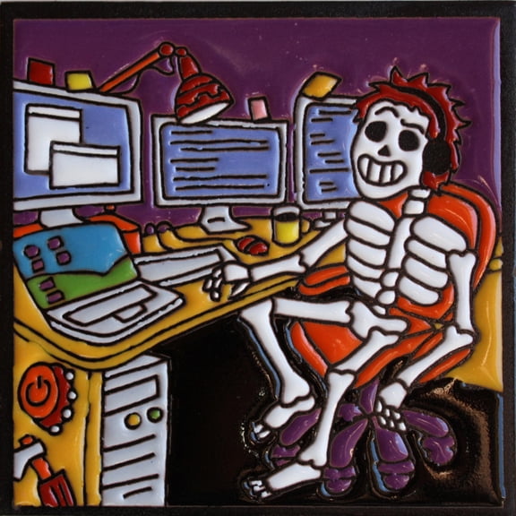 6x6 Computer Geek. Day-Of-The-Dead Clay Tile