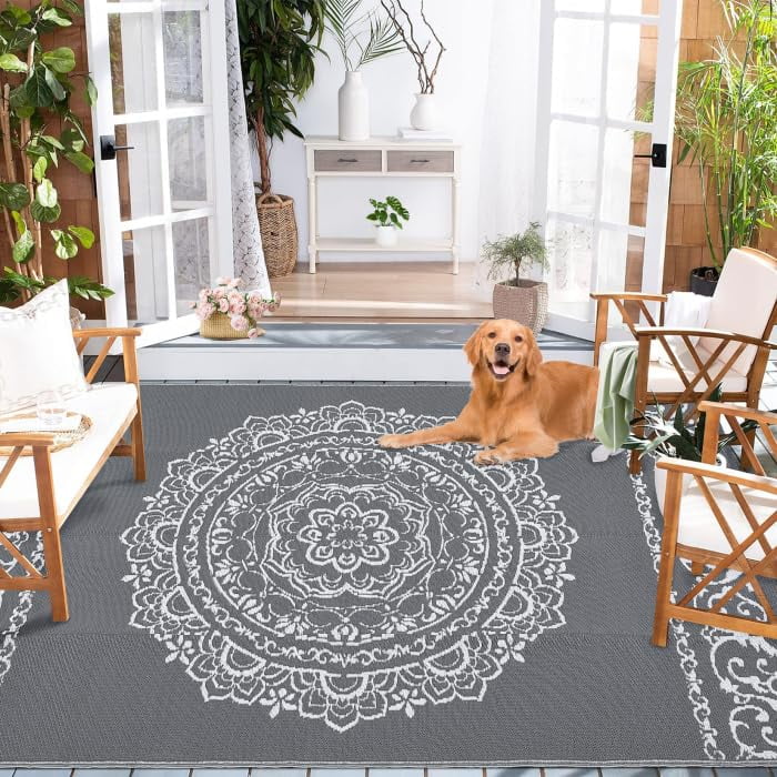 6x6 FT/5x8 FT/8x10 FT/9x12 FT/9x18 FT Outdoor Rug for Picnic Washable Non-Slip Balcony Carpet Vintage Floral Rug Stain-Resistant Easy-Clean Plastic Area Rug for Patio Backyard Farmhouse Beach Camping