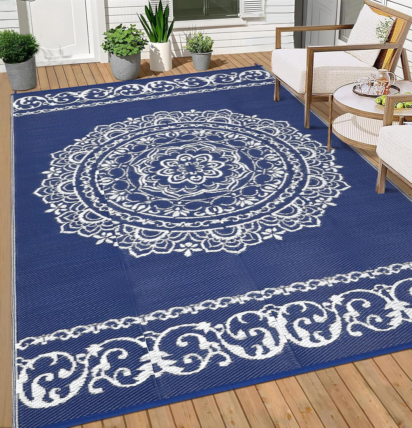 6x6 FT/5x8 FT/8x10 FT/9x12 FT/9x18 FT Outdoor Rug for Picnic Washable Non-Slip Balcony Carpet Vintage Floral Rug Stain-Resistant Easy-Clean Plastic Area Rug for Patio Backyard Farmhouse Beach Camping