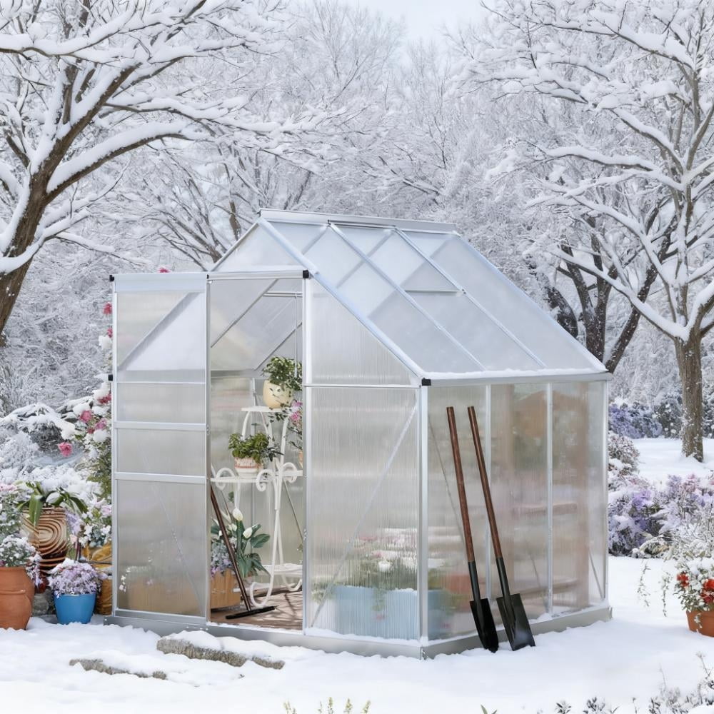 6x6 FT Greenhouse, Easy Assembly Polycarbonate Greenhouses with Adjustable Roof Vent, Large Aluminum Walk-in Greenhouse with Sliding Door, Silver