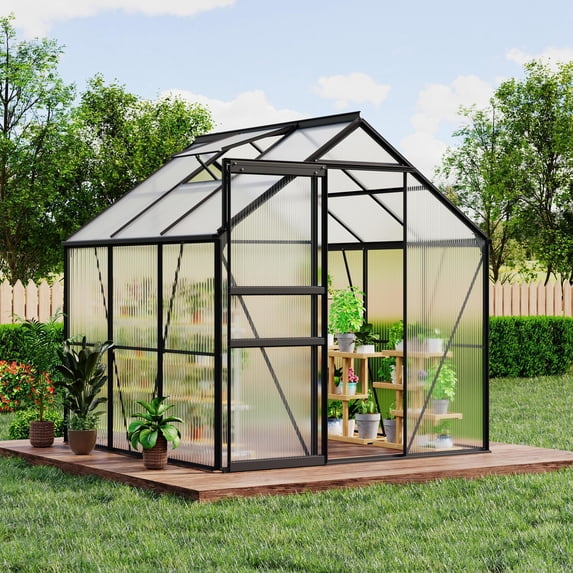 6x6 FT Greenhouse for Outdoor–Heavy Duty Aluminum Frame,Walk-in Design,Lockable Sliding Door, Adjustable Roof Vent, All Weather 5-Black Oxidation