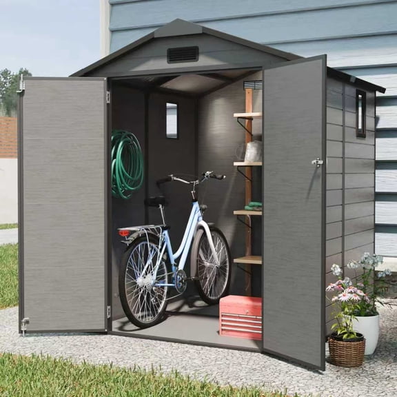 6x6 FT Outdoor Storage Shed with Floor & 2 Windows, Heavy Duty Lockable Resin Garden Tool House with Full-Length Ridge Skylight, Weatherproof Plastic Backyard Shed for Bike & Mower, Dark Gray