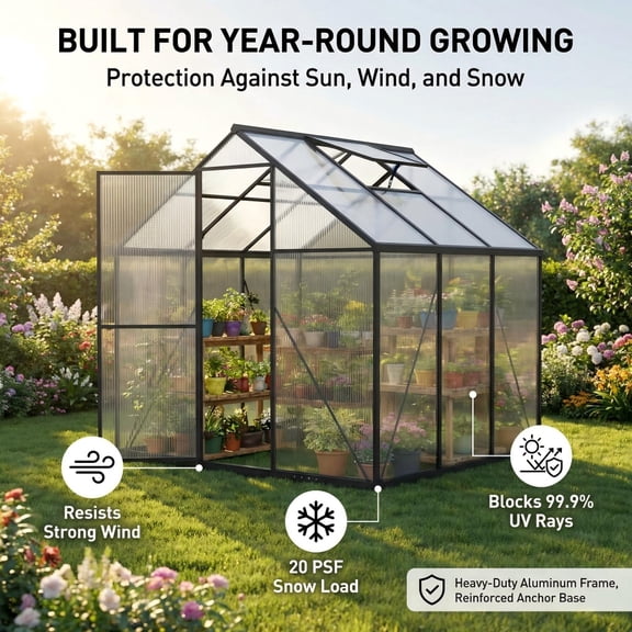 6x6 FT Outdoor Walk-In Greenhouse - Aluminum Frame & Polycarbonate Panels. Features Sliding Lockable Door, Vent Window & Ground Nails for Easy Backyard Setup.