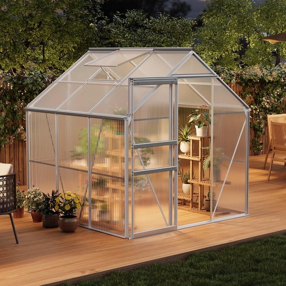 6x6 FT Polycarbonate Greenhouse for Outdoor Use – Heavy Duty Aluminum Frame, Walk-In Design, Lockable Sliding Door, Adjustable Roof Vent, All-Weather Patio, Backyard, Garden Kit