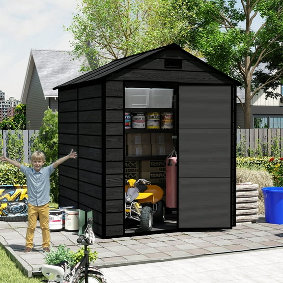 6x6 FT Resin Outdoor Storage Shed, Waterproof Plastic Garden Shed, Large Storage Space, Sturdy Metal Construction, Lockable Doors & Windows, Plastic Tool Shed, 12mm Thick PP Board