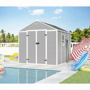 6x6 FT Storage Shed, Waterproof Resin Outdoor Storage Shed with Floor & Window & Lockable Doors and Vents, Tool Shed for Bike, Garden, Backyard,Lawn, All Weather Use, Light Grey