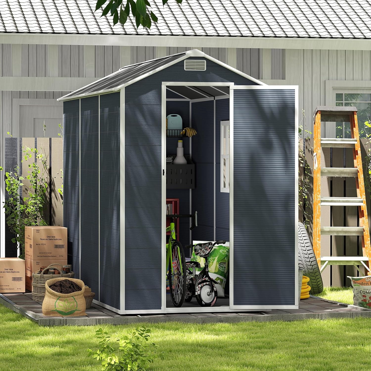 6x6 Ft Plastic Outdoor Storage Shed with Floor, Resin Plastic Tool Shed with Lockable Door for Yard, Garden Shed Patio, Weatherproof, Black