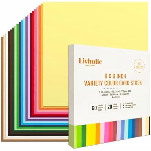 6x6 Inch Sqaure Solid Core Colored Cardstock 80 Pound 20 Assorted Colors Card for Scrapbook, Crafts