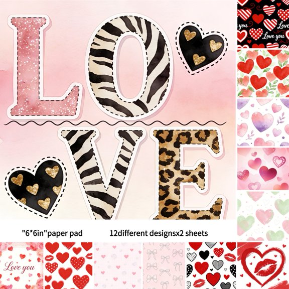 6x6 Inch Valentine's Day Scrapbook Paper Pad - 24 Sheets (12 Designs) Love Heart Pattern Decorative Craft Paper for DIY Card Making, Scrapbooking, Gift Wrapping, Journaling, and Holiday Crafts