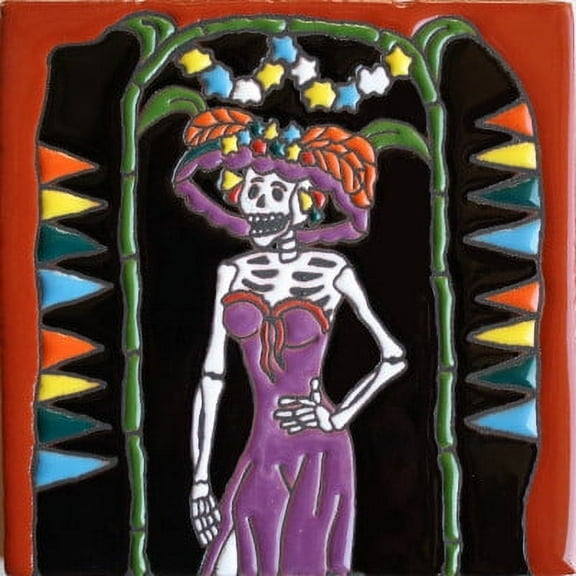6x6 La Catrina. Day-Of-The-Dead Clay Tile