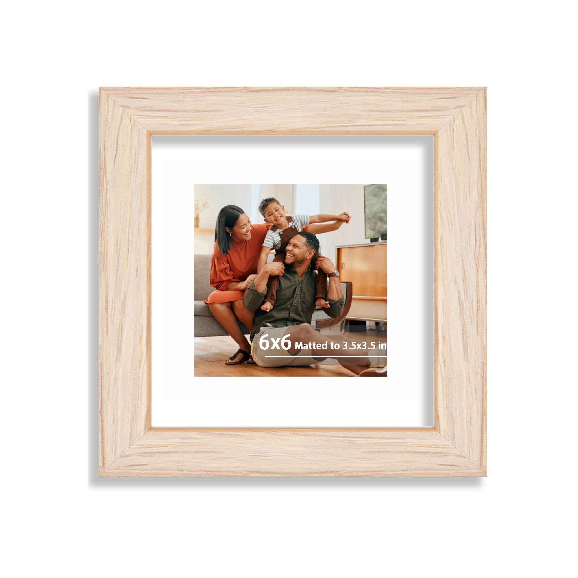 6x6 Picture Frame, Display 3.5x3.5 Picture with Mat or 6 x 6 Without Mat, Square Wood Photo Frame for Wall Mount and Tabletop Display