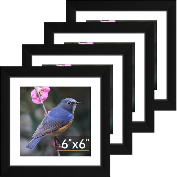 6x6 Picture Frame Set of 4, Photo Frame with HD Plexiglass, Display Pictures 4x4 with Mat or 6x6 Without Mat Multi Picture Frames Collage for Tabletop or Wall Display, Black