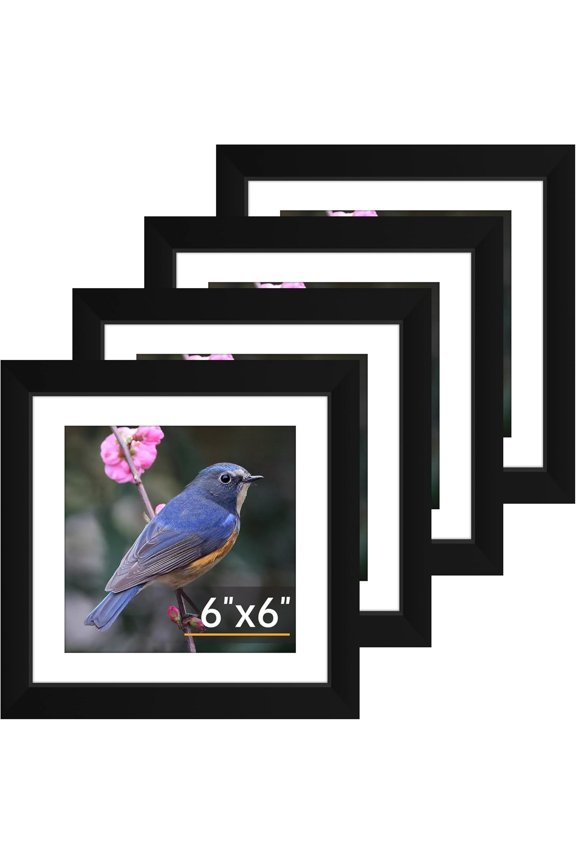 6x6 Picture Frame Set of 4, Photo Frame with HD Plexiglass, Display Pictures 4x4 with Mat or 6x6 Without Mat Multi Picture Frames Collage for Tabletop or Wall Display, Black