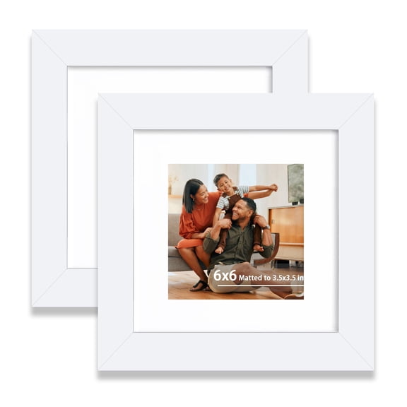 6x6 Picture Frame Set of 2, Display 3.5x3.5 Picture with Mat or 6 x 6 Without Mat, Square Wood Photo Frame for Wall Mount and Tabletop Display