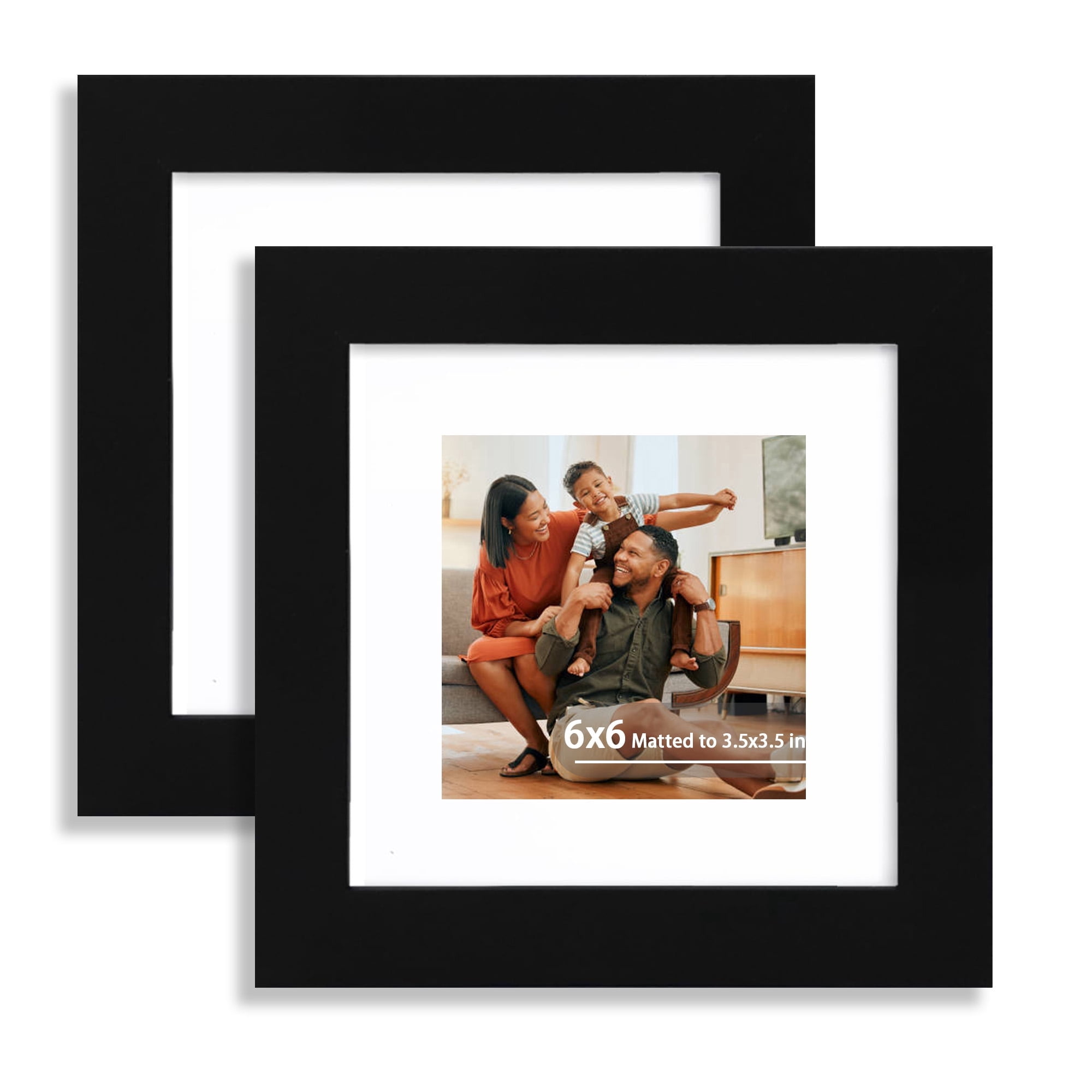 6x6 Picture Frame Set of 2, Display 3.5x3.5 Picture with Mat or 6 x 6 Without Mat, Square Wood Photo Frame for Wall Mount and Tabletop Display