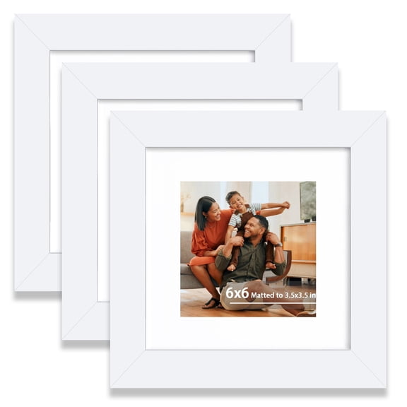 6x6 Picture Frame Set of 3, Display 3.5x3.5 Picture with Mat or 6 x 6 Without Mat, Square Wood Photo Frame for Wall Mount and Tabletop Display