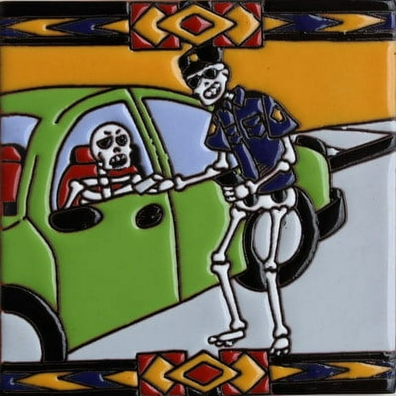 6x6 Police Officer. Day-Of-The-Dead Clay Tile