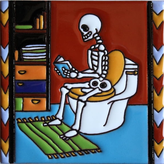 6x6 Reading The News. Day-of-The-Dead Clay Tile