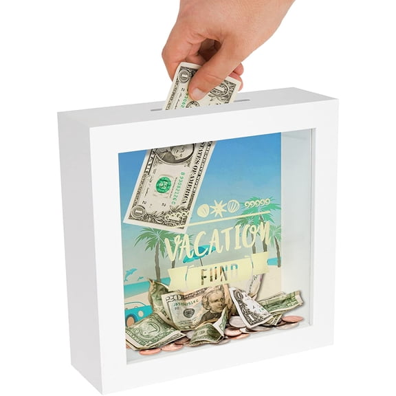 6x6 Vacation Fund Shadow Box Frame with Polished Glass - Money Saver Shadow Box with Slot On Top for Wall - Adventure Fund Money Boxes for Travel Funds, Family Vacations or Honeymoons