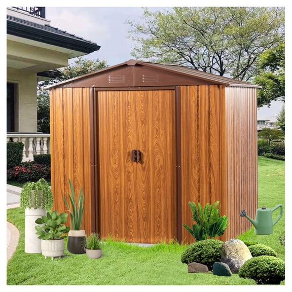 6x6 ft Metal Storage Shed - Outdoor Garden Shed with Lock - Durable Steel Shed with Foundation - Woodgrain Coffee Trim