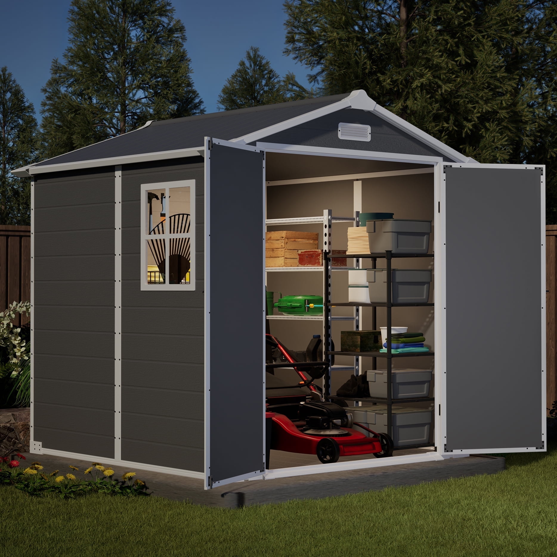 6x6 ft Outdoor Plastics Storage Shed with Floor, Heavy-Duty Resin Sheds All-Weather with Window & Lockable Door, Colorfast, for Garden Backyard