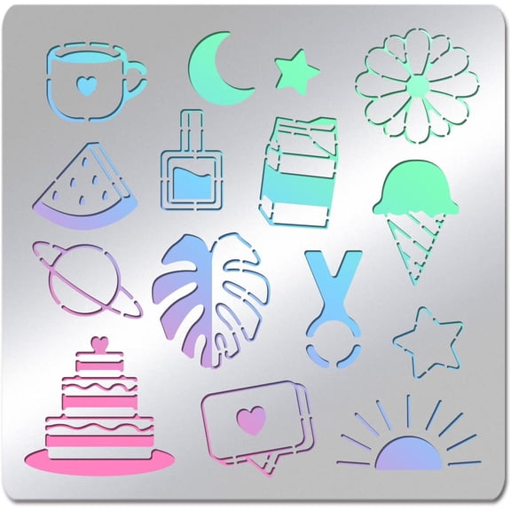 6x6 inch Daily Life Elements Drawing Stainless Steel Stencils Hand Drawing Account Template for Painting Wood Burning Pyrography Gray