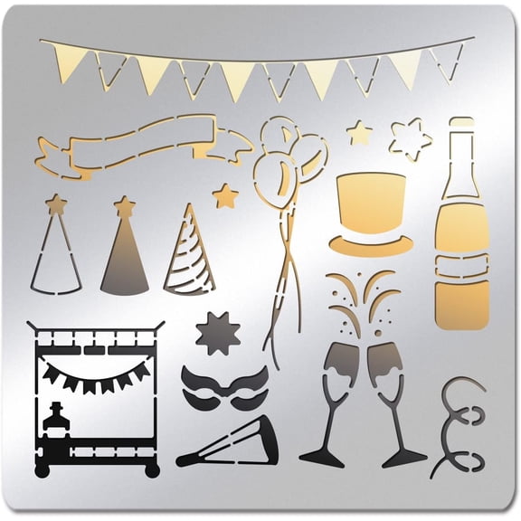 6x6 inch Party Element Metal Stencil Top Hat Banner Balloons Pattern Carnival Painting Template for Painting Wood Burning Pyrography DIY