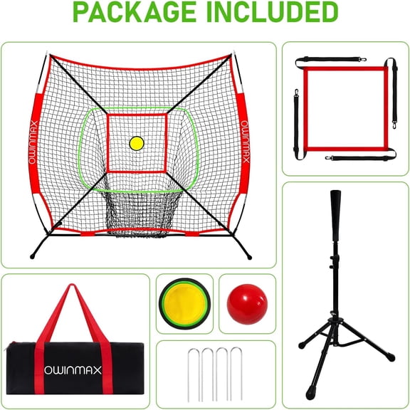 6x6FT Baseball & Softball Training Net with Batting Tee, Strike Zone & Circular Target, Portable Design for Kids