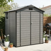 6x6FT Outdoor Storage Shed, Plastic Resin Shed w/Floor and Window, Lockable Tool Bike Garden Patio Large Storage with Sloped Top, Drainage Holes, 30MPH Wind Resistance