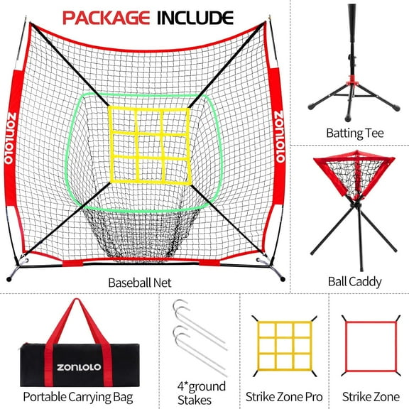 6x6FT Portable Baseball & Softball Training Net System with Batting Tee, Ball Caddy, and 2 Strike Zones - Red for Kids 6-12 Years Old