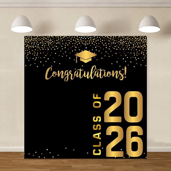 6x6ft Black Gold Graduation Backdrop Class of 2026 Glitter Photography Background Minimalist Circular Dots Graduation Backdrop for Graduation Prom Send Off Party Photo Banner Decor