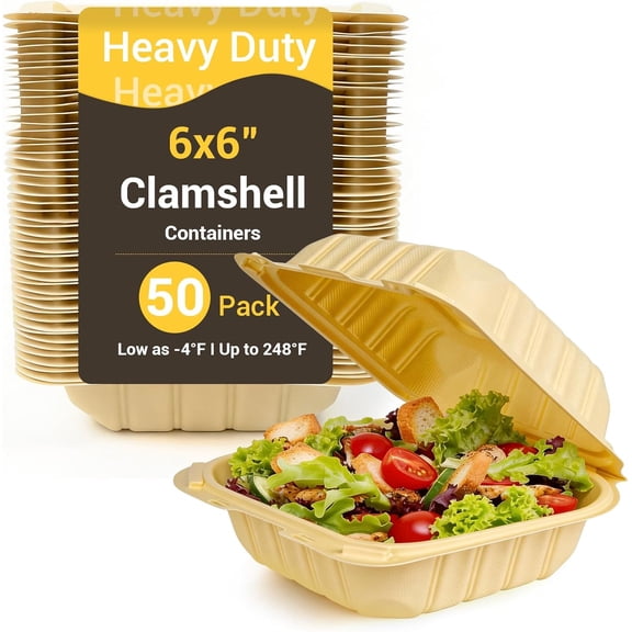 6x6in Compostable To Go Food Containers, 50Pack Bamboo-Powder Clamshell Take Out Containers, Heavy Duty Hinged To Go Boxes with Secure Snap Lid for Catering Pasta Salad Sandwich
