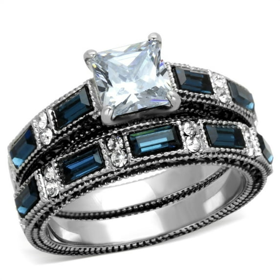 One Carat 6x6mm Princess Cut Deep Blue Sapphire CZ Women's Stainless Steel Wedding Ring Set - Size 9