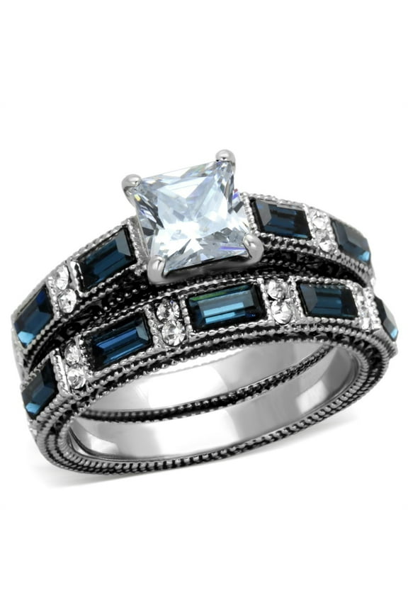 One Carat 6x6mm Princess Cut Deep Blue Sapphire CZ Women's Stainless Steel Wedding Ring Set - Size 9