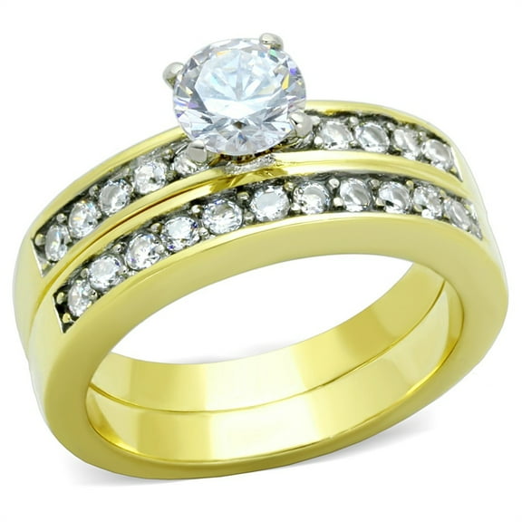 Womens 0.8 Carat Round CZ Two Tone Gold IP Stainless Steel Wedding Engagement 2 Rings Set - Size 5