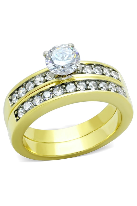 Womens 0.8 Carat Round CZ Two Tone Gold IP Stainless Steel Wedding Engagement 2 Rings Set - Size 5
