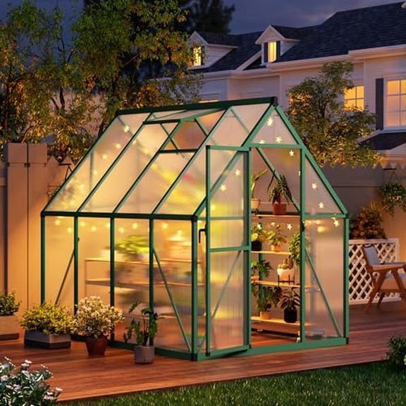 6x7 FT Outdoor Greenhouse, Polycarbonate Greenhouse with Roof Vent and Ground Nails, Aluminum Large Walk-in Green House w/ Lockable Push Door for Outside Garden Backyard (Green, 6x7 FT)