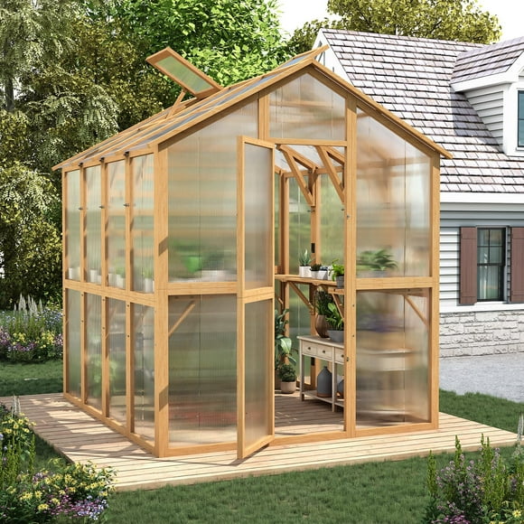 6x7 FT Wood Greenhouse with Adjustable Vent, Reinforced Frame for Backyard Outdoor Use