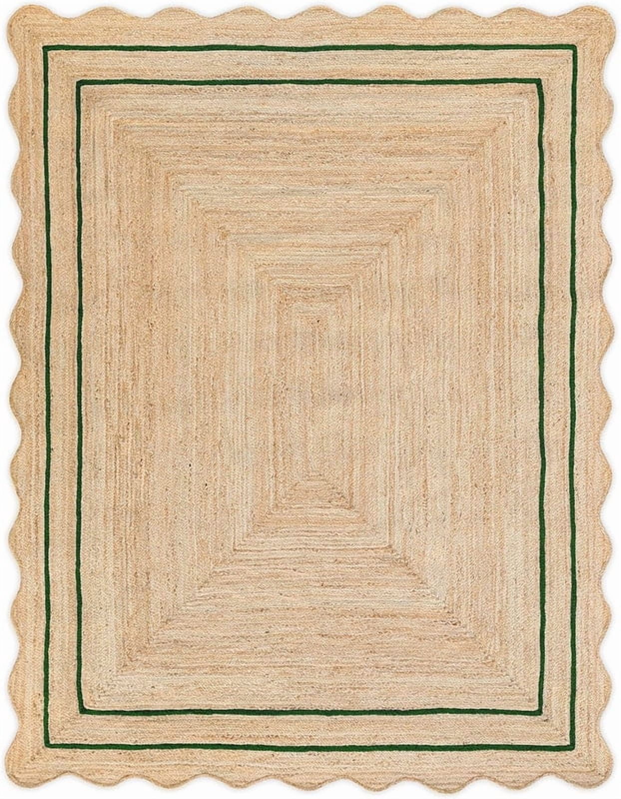 6x7 Ft Green Border Premium Scalloped Jute Rug – Handcrafted Natural Braided Carpet for Living Room, Bedroom, Entryway – Boho Home Decor