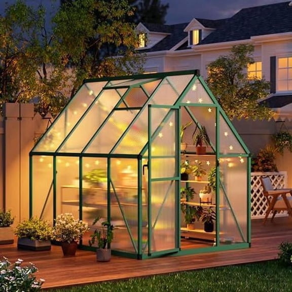6x7ft Green Aluminum Frame Polycarbonate Walk-in Greenhouse, Lockable Door Roof Vent Outdoor Vegetable Flower House