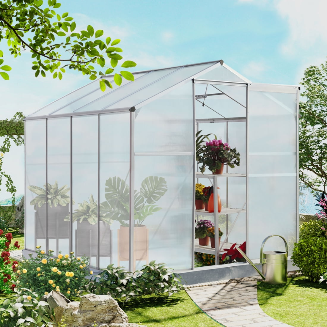Greenhouse, 6x8 FT Greenhouse for Indoor, 2 Vent Window with Door Walk-in Hobby Greenhouse Aluminum Hot House for Outdoor Garden Backyard, Plant Greenhouses, Portable Heavy Duty Garden Greenhouse