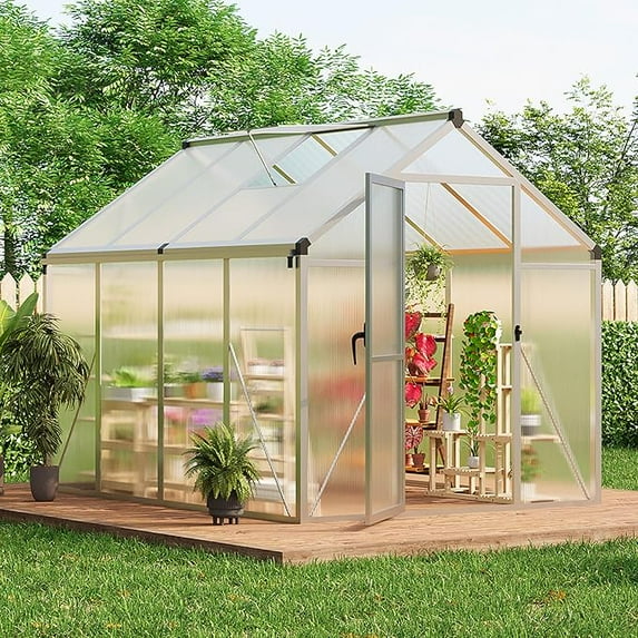 6x8 FT Greenhouse, Easy Assembly Aluminum Polycarbonate Greenhouses for Outdoors with Roof Vent and Ground Nails, Heavy Duty Aluminum Walk-in Greenhouse for Backyard, Sliding Lockable Door, Silver