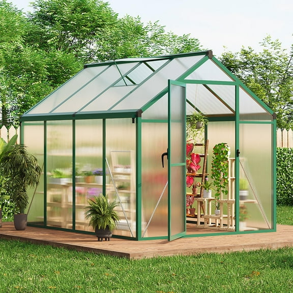 6x8 FT Greenhouse, Easy Assembly Aluminum Polycarbonate Greenhouses for Outdoors with Roof Vent and Ground Nails, Heavy Duty Aluminum Walk-in Greenhouse for Backyard, Sliding Lockable Door, Green