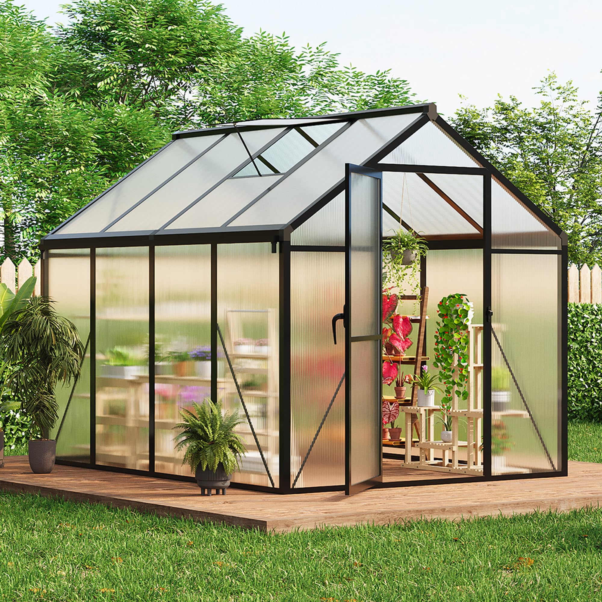6x8 FT Greenhouse, Easy Assembly Aluminum Polycarbonate Outdoor Greenhouse with Roof Vent, Ground Nails, Heavy Duty Walk-in, Lockable, Black