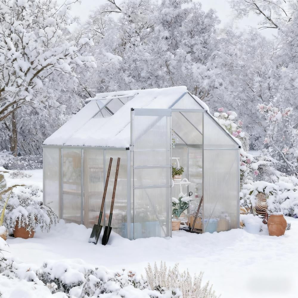 6x8 FT Greenhouse, Easy Assembly Polycarbonate Greenhouses with Adjustable Roof Vent, Large Aluminum Walk-in Greenhouse with Sliding Door, Silver