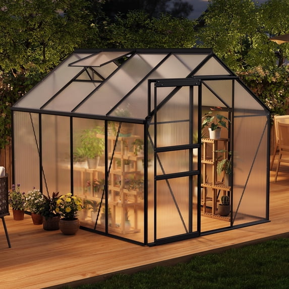 6x8 FT Greenhouse Kit for Outdoors – Durable Aluminum Frame, Sliding Lockable Door, Adjustable Roof Vent, Gutter System, Easy Assembly 5-Black