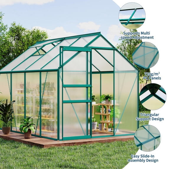 6x8 FT Greenhouse Kit for Outdoors – Durable Aluminum Frame, Sliding Lockable Door, Adjustable Roof Vent, Gutter System, Easy Assembly 5-Green