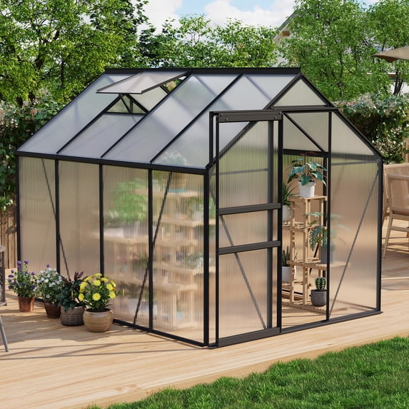 6x8 FT Greenhouse Kit for Outdoors – Durable Aluminum Frame, Sliding Lockable Door, Adjustable Roof Vent, Gutter System, Easy Assembly–8-Black