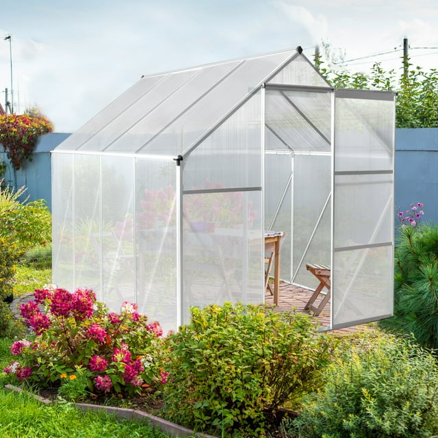 6x8 FT Greenhouse for Outdoors, Polycarbonate Greenhouse with Roof Vent and Sliding Door, Aluminum Large Walk-in Greenhouse for Outside Garden Backyard, Silver